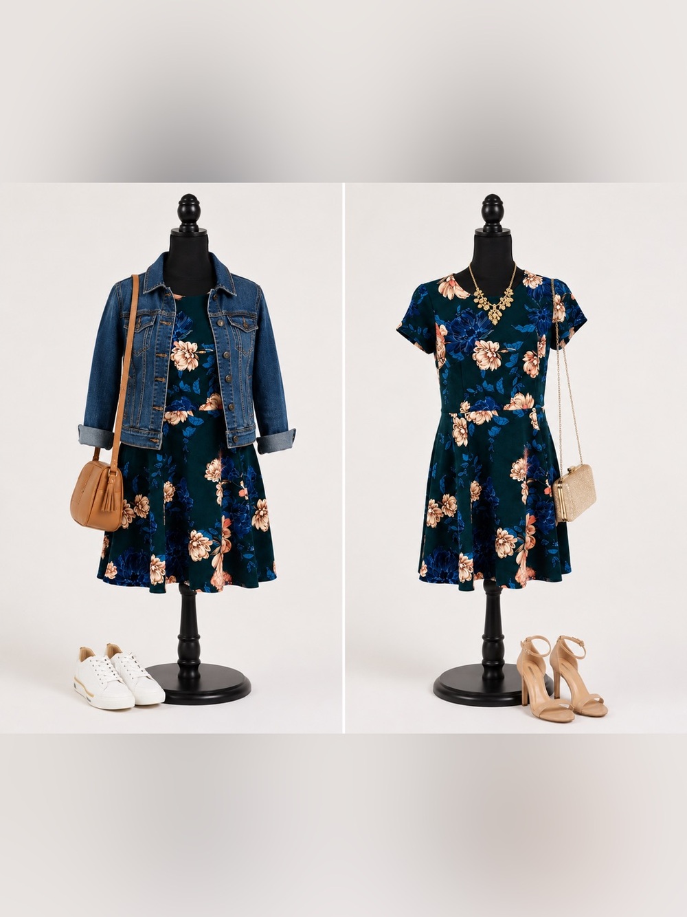 Floral Fit-and-Flare Dress in Teal Blue